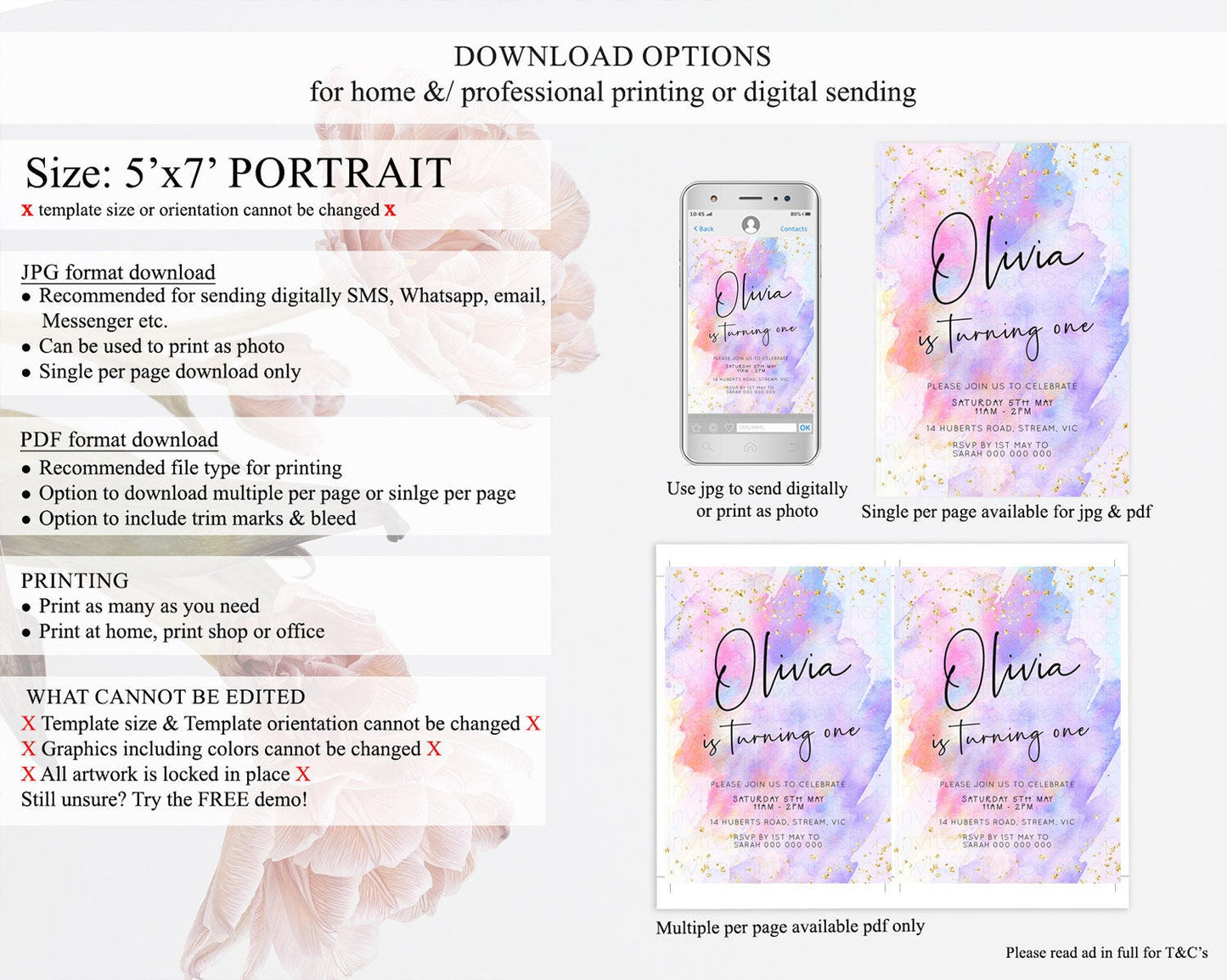 Pastel Birthday Invitation Ombre Watercolor Birthday Invitation Glitter Rainbow Color Splash 1st 2nd 3rd Birthday Invitation D23063