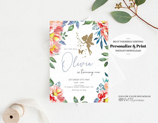 Editable Fairy Birthday Invitation Red Boho Floral Garden Pastel Fairy Invit