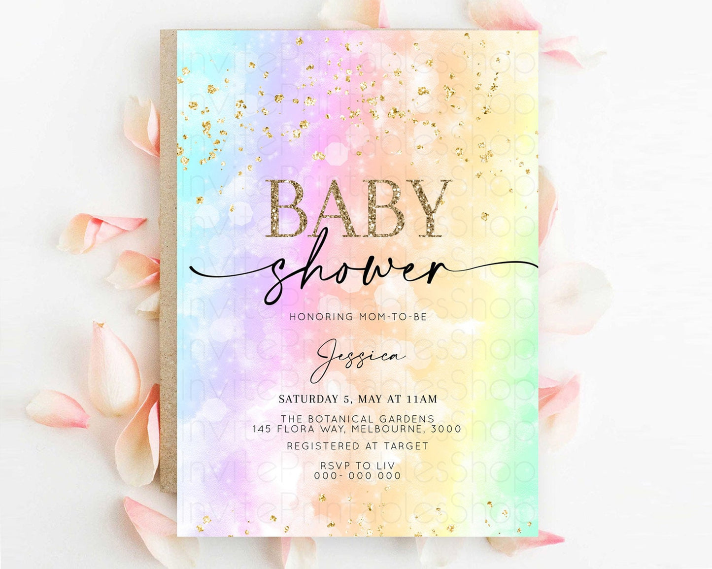 Pastel Baby Shower Invitation Rainbow Baby Shower Invitation Colorful Pastel Watercolor Invitation Gold Glitter Sprinkles Ombre D10647