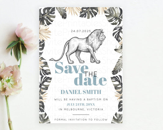 Lion Save The Date Template Lion Safari Adventure Party Dried Palm Ferns Zoo 1st Birthday Baptism Baby Shower Bridal Shower Wedding D10807