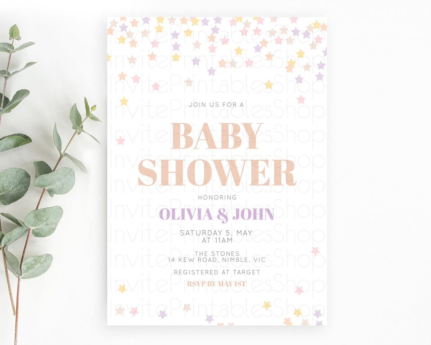 Twinkle Star Baby Shower Invitation, Star Invitation, Soft Pastel Orange and Purple Confetti Stars Twinkle Theme for Gender Reveal D10810