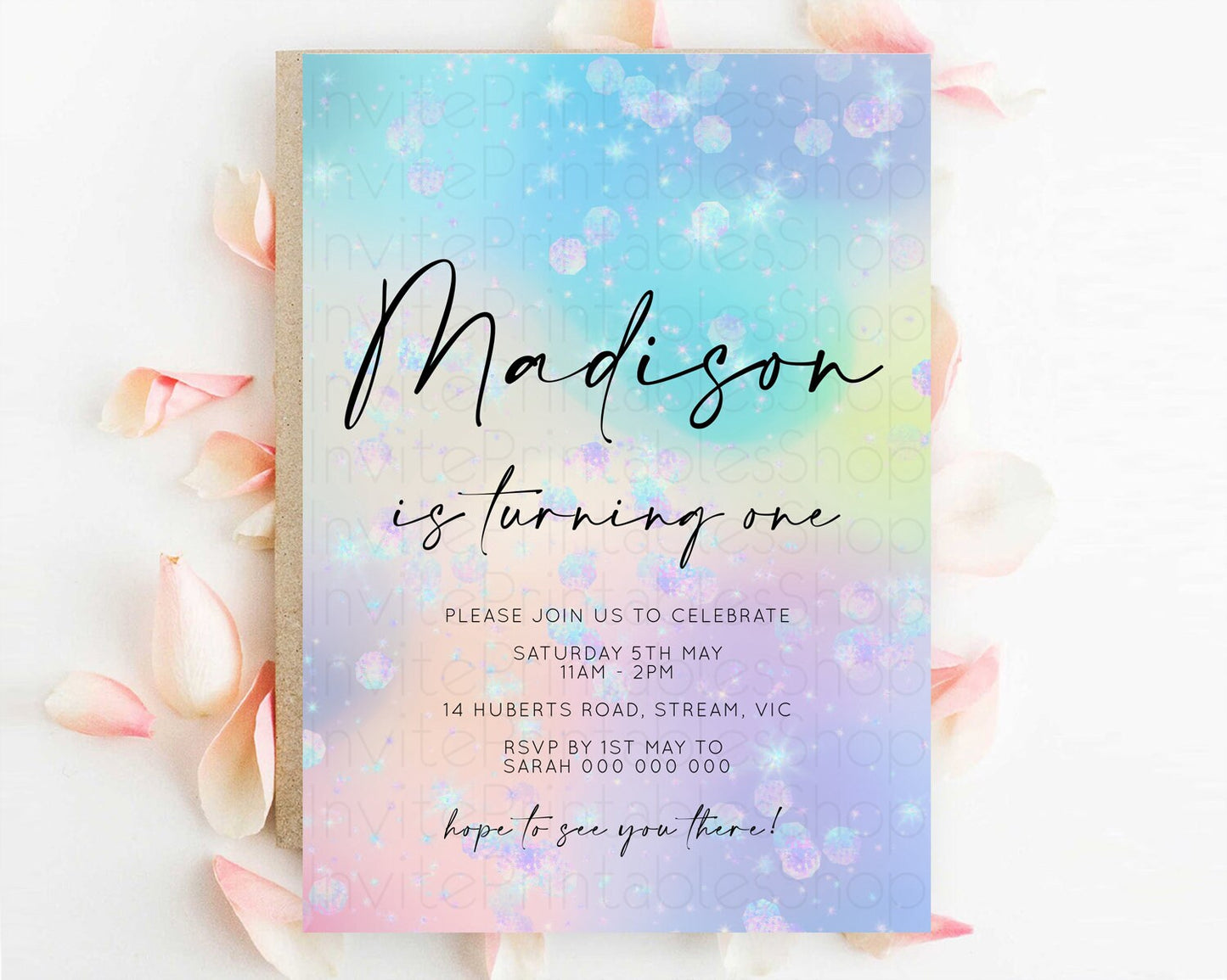 Rainbow Birthday Invitation Colorful Pastel Watercolor Iridescent Glitter Sprinkles Ombre Pastel Invitation 1st 2nd First Birthday D10665