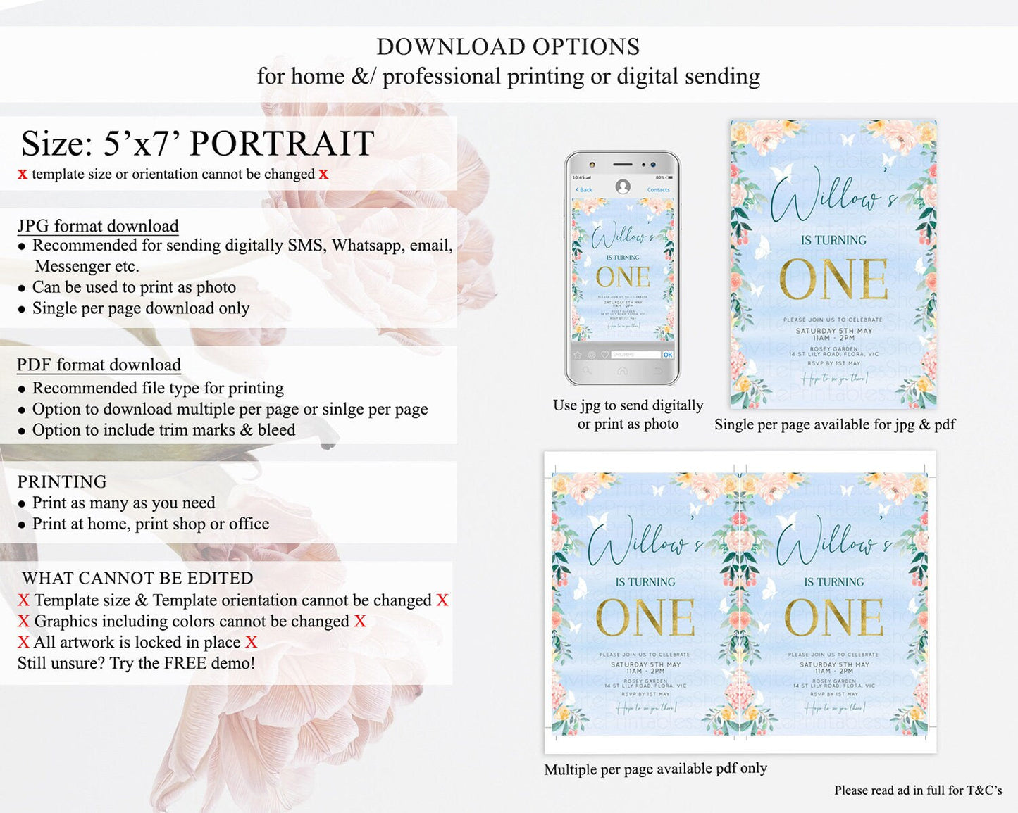 Secret Garden Invitation Wildflower Birthday Invitation Pastel Flowers Invite Enchanted Garden Boho Floral 3rd 2nd First Birthday D10337