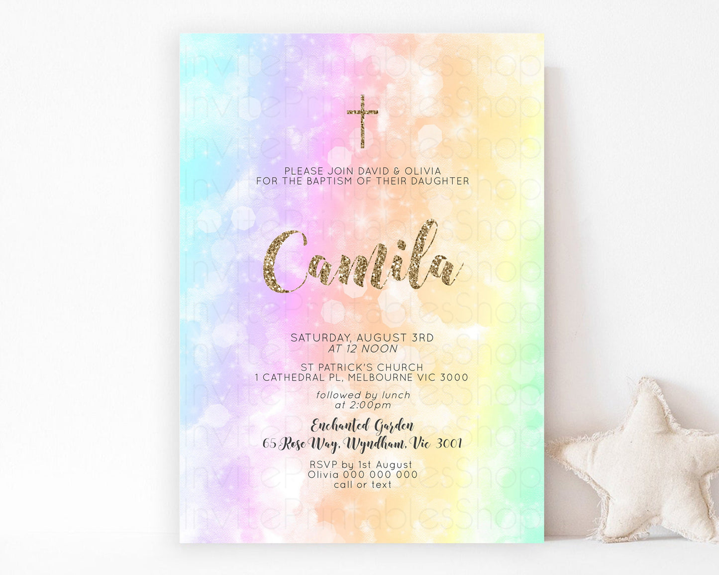 Pastel Baptism Invitation Rainbow Christening Invitation Holy Communion Invite Baptism 1st Birthday Sprinkles Ombre Watercolor Splash 604