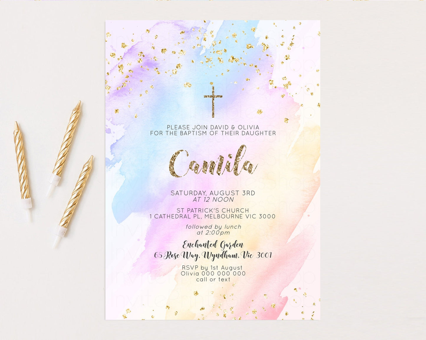 Rainbow Baptism Invitation Pastel Christening Invitation Holy Communion Invitation Glitter Watercolor Splash Invitation Colorful Invite g600