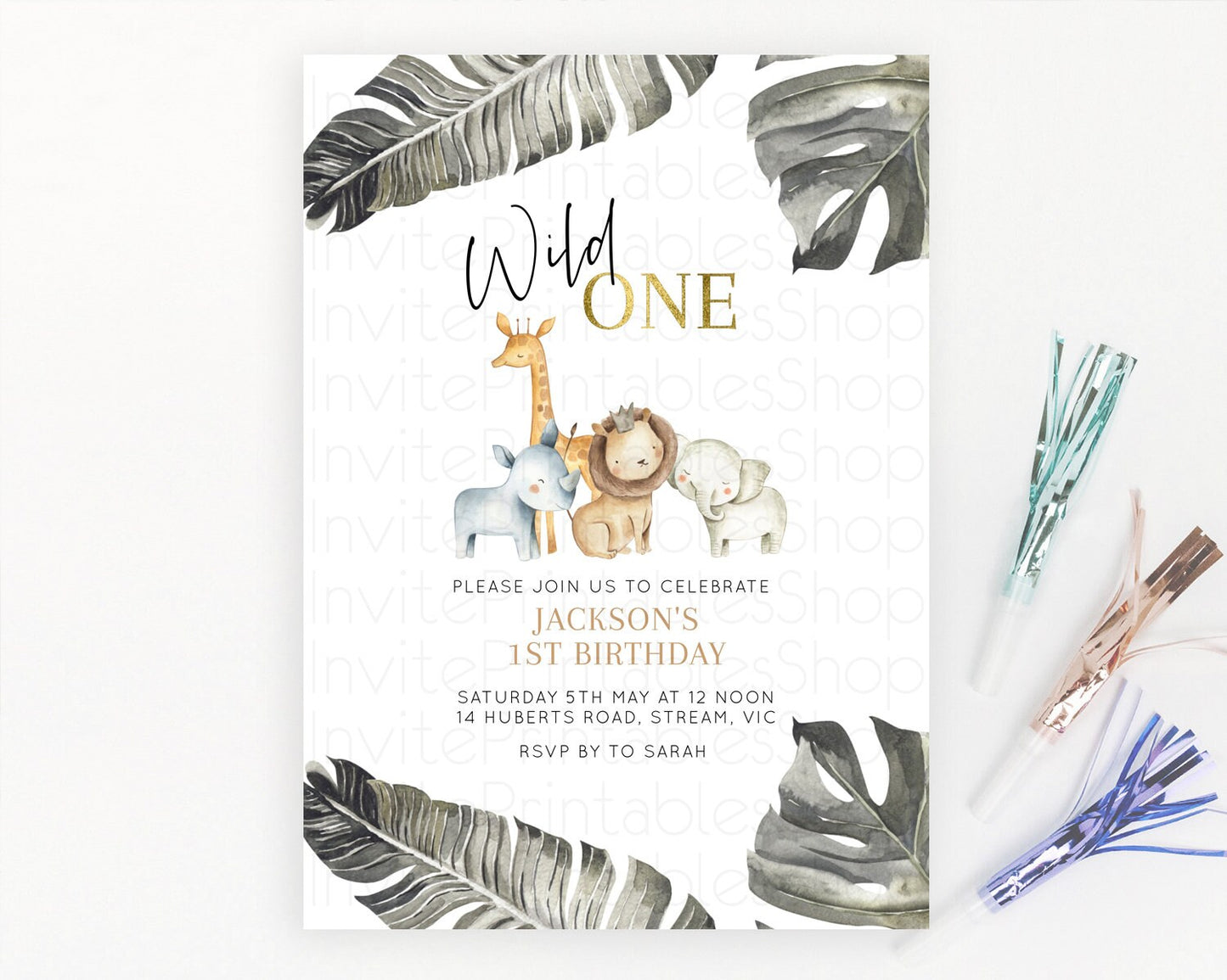 Safari Birthday Invitation Lion Gorilla Elephant Rhino Tropical Palm Jungle Safari Adventure Zoo Party Animal 2nd 1st First Birthday D10599