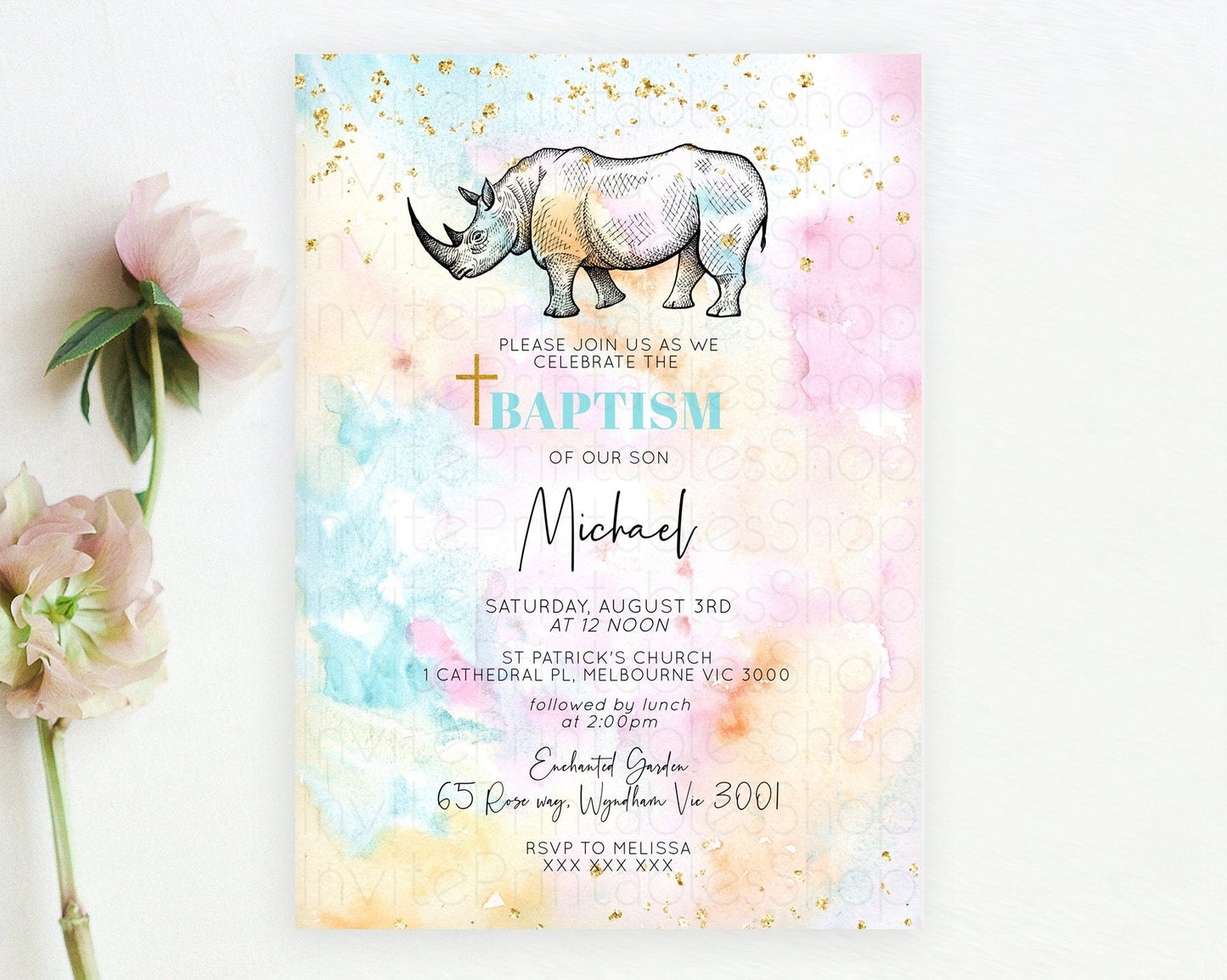 Rhino Baptism Invitation Rhino Baptism 1st Birthday Invitation Rhino Pastel Watercolor Rainbow Christening Invitation Religious D10287