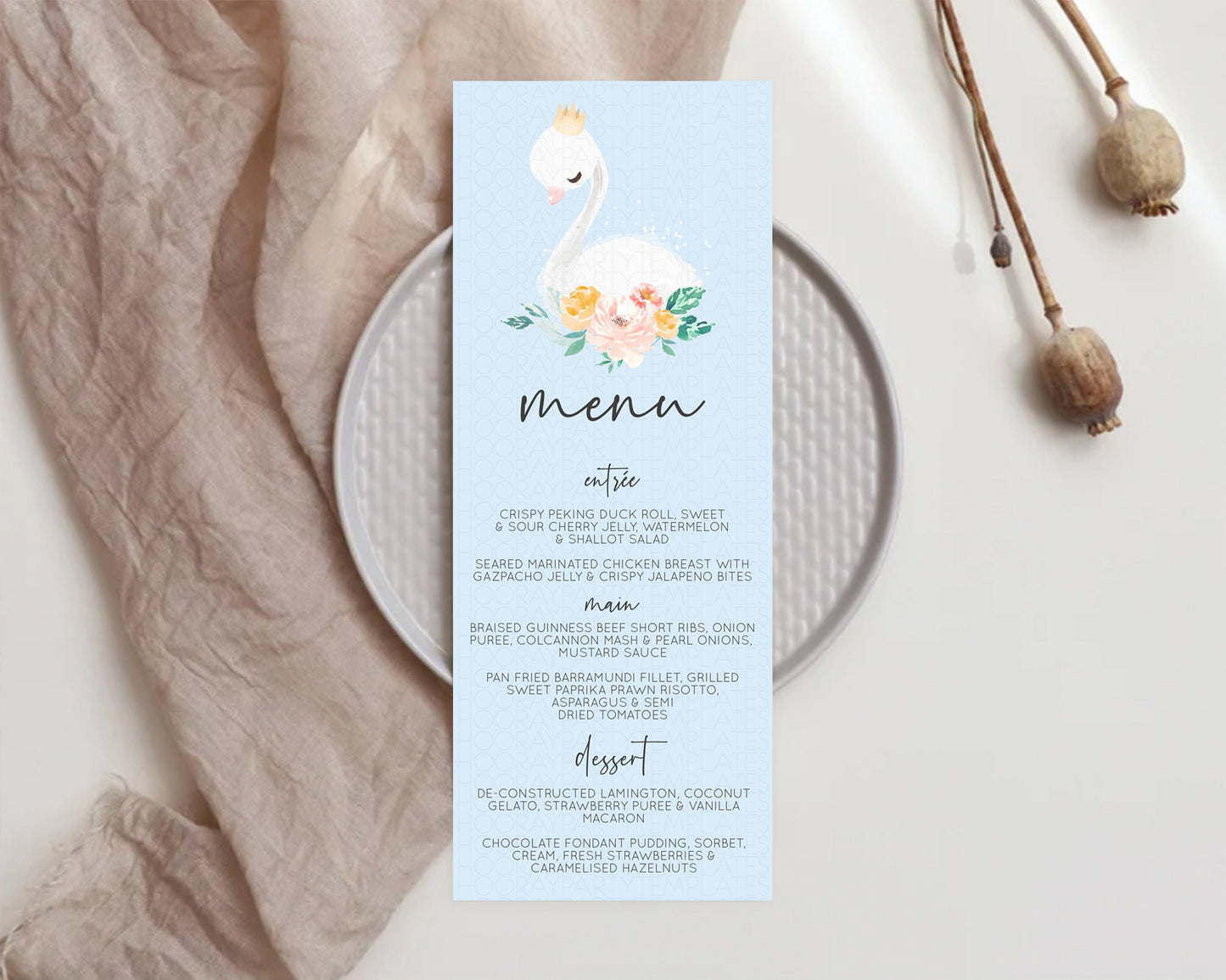 Swan Menu Swan Princess Ballet Menu Template Enchanted Swan Lake Table Decor Secret Garden Pastel Floral Dinner Dessert Food Menu  D10903