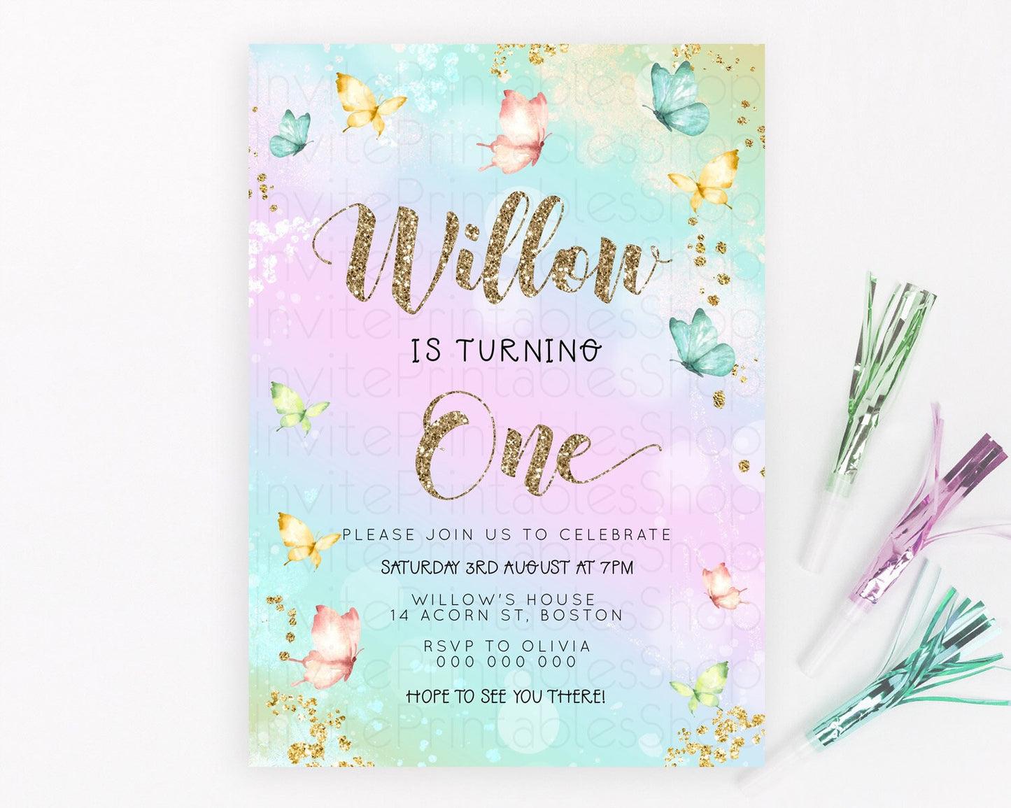 Pastel Butterfly Birthday Invitation Butterfly Birthday Invitation Colorful Splash Glitter Butterfly Garden 1st 2nd Birthday D23090