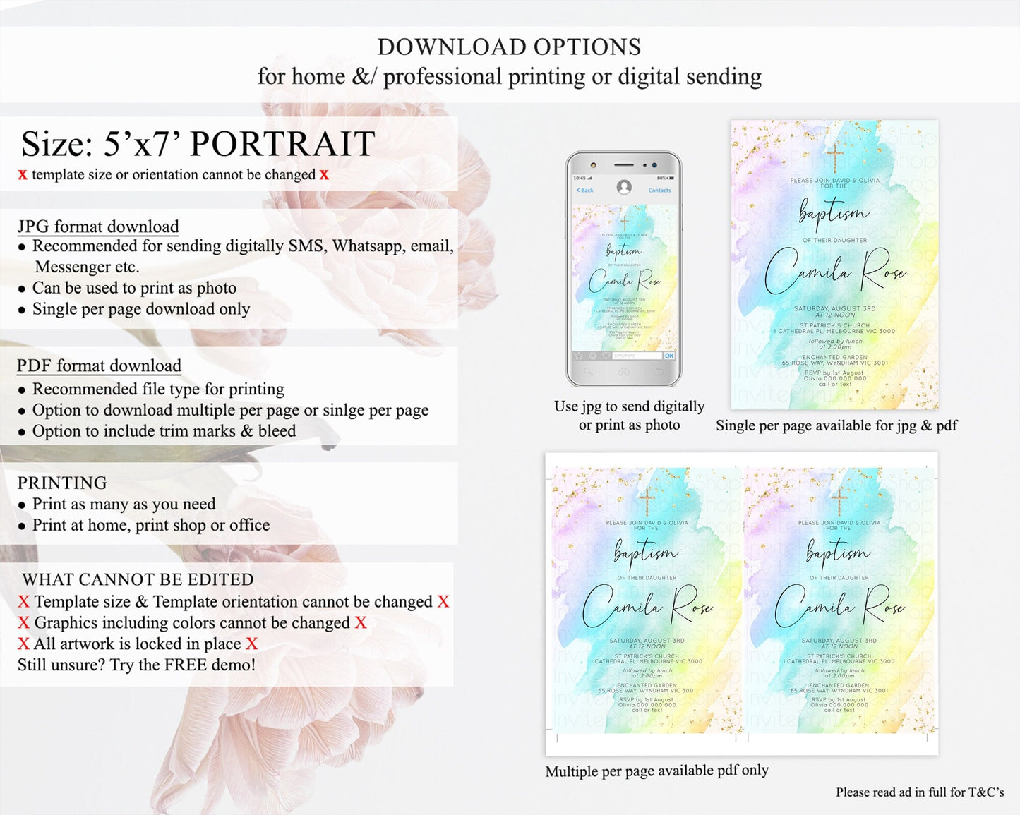 Pastel Baptism Invitation Pastel Colors Watercolor Baptism 1st Birthday Party Gold Ombre Pastel Rainbow Christening Holy Communion D10773