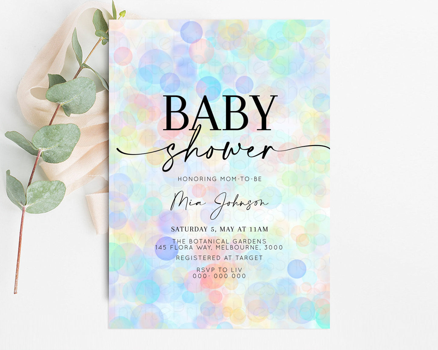 Rainbow Baby Shower Invitation Pastel Invite Colorful POP Invitation Confetti Sprinkles Invite Oh Baby Glitter Blue Pink Yellow Green T500