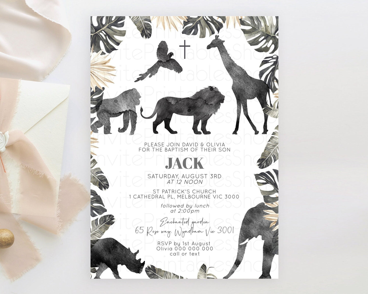Safari Baptism Invitation Safari Adventure Baptism Birthday Invitation Lion Gorilla Elephant Rhino Tropical Palm Jungle Adventure D10865