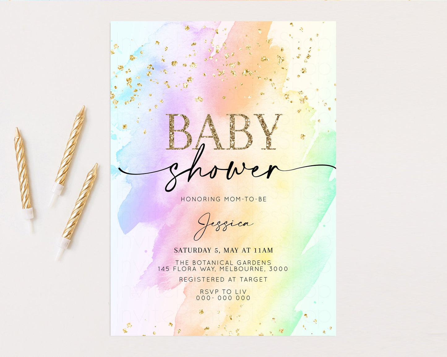 Rainbow Baby Shower Invitation Pastel Baby Shower Invitation Watercolor Ombre Invitation Rainbow Pastel Colors Invite Glitter Confetti t602