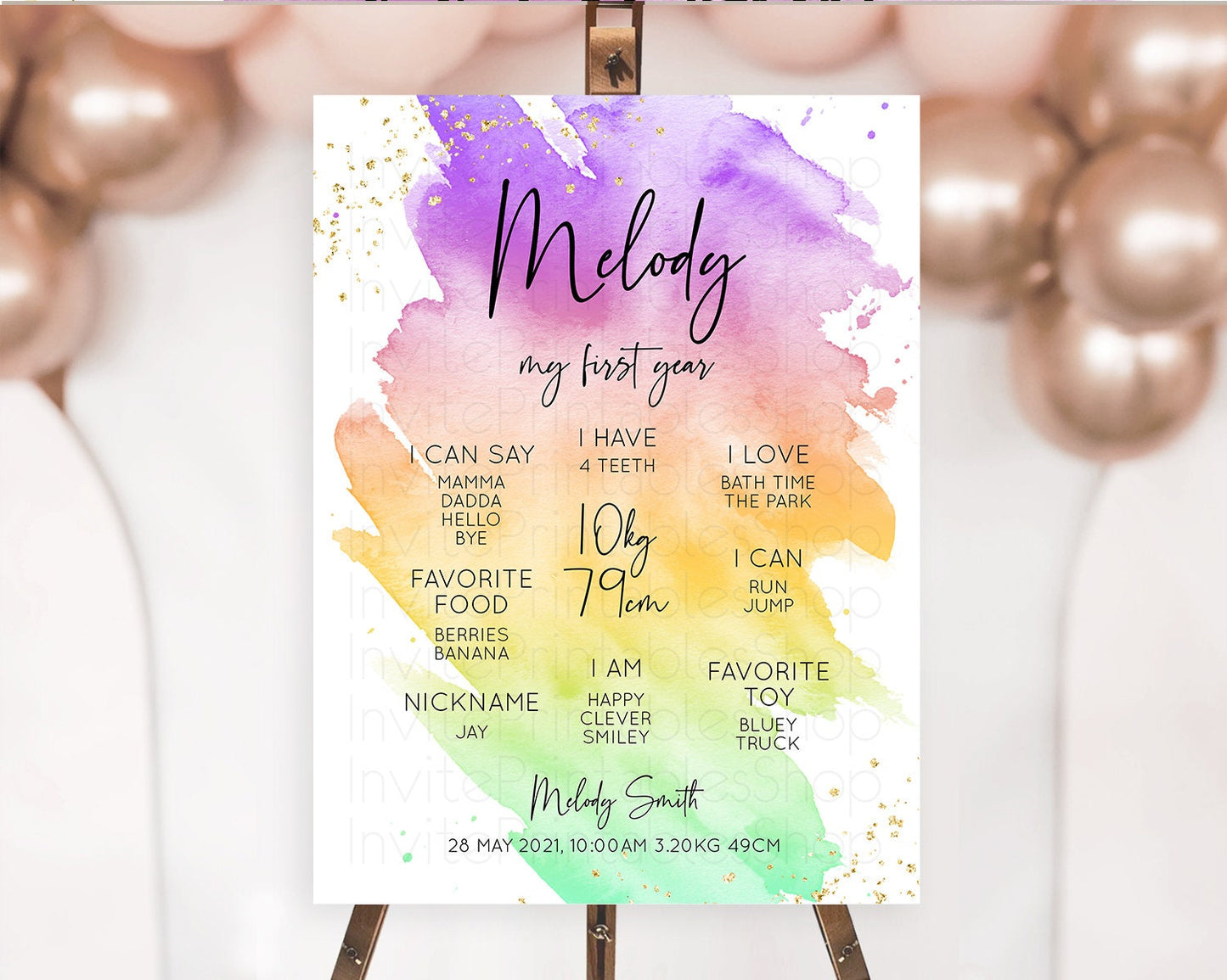 Pastel First Birthday Milestone Board Pastel Rainbow Milestone Poster Colorful Confetti Watercolor Glitter 1st Birthday Welcome Sign D10518