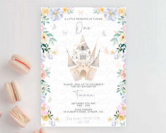 Princess Birthday Invitation Castle Invitation Royal Birthday Fairy Tale Enchanted Castle Pastel Floral Garden 1st First Birthday D10473