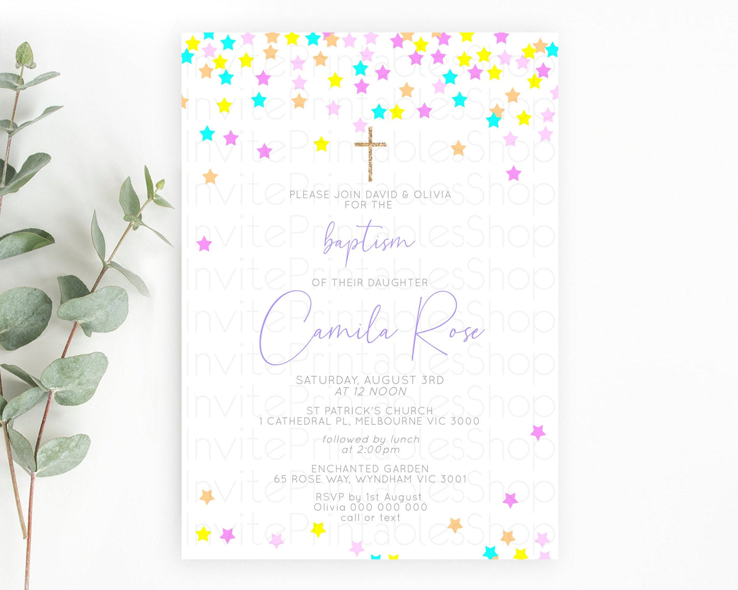 Star Baptism Invitation Pastel Stars Baptism 1st Birthday Invitation Rainbow Colors Confetti Twinkle Little Star Christening Invite D10397