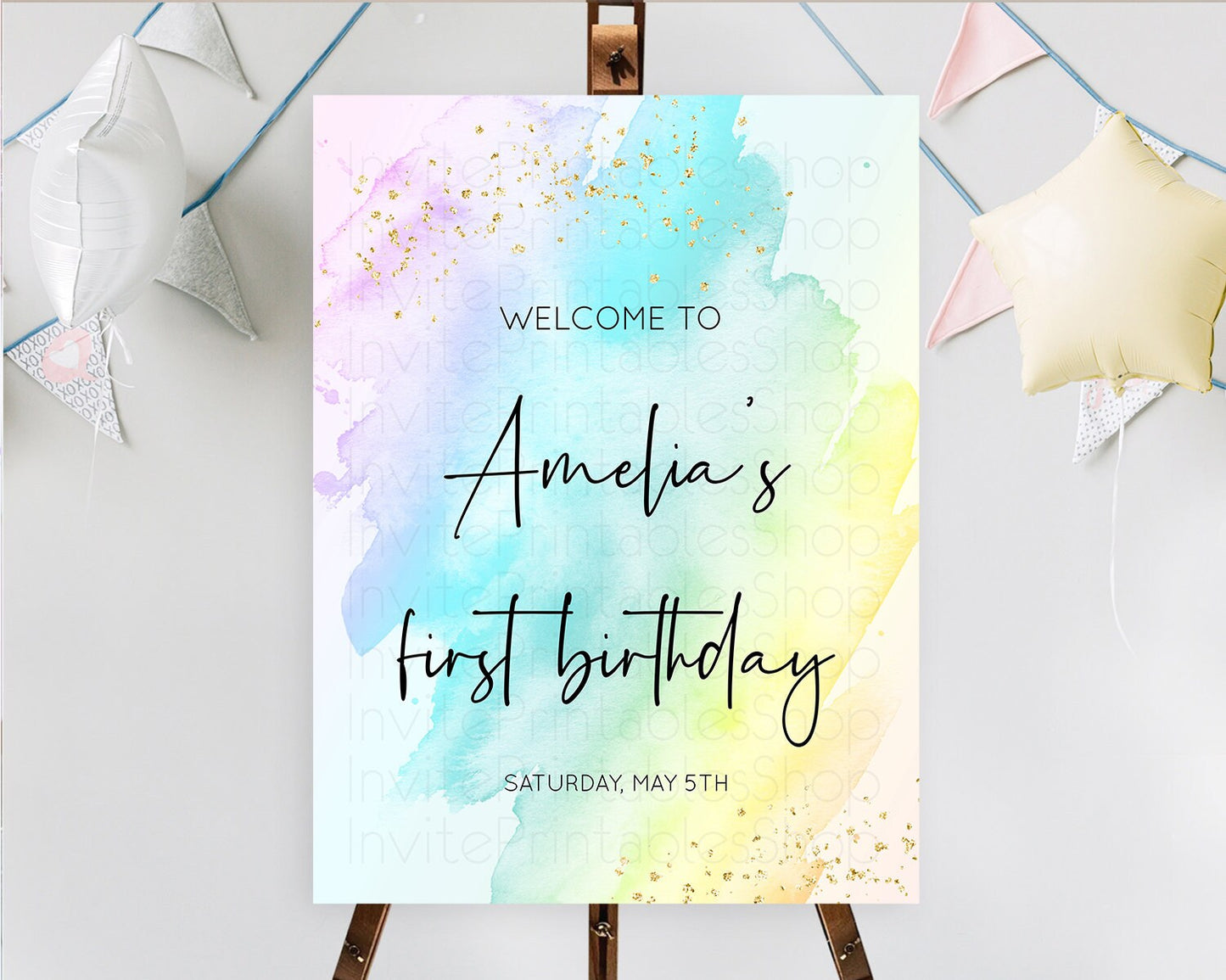 Pastel Welcome Sign Pastel Rainbow Welcome Sign Colorful Rainbow Confetti Watercolor Glitter Pastel First Birthday Welcome Sign D10171