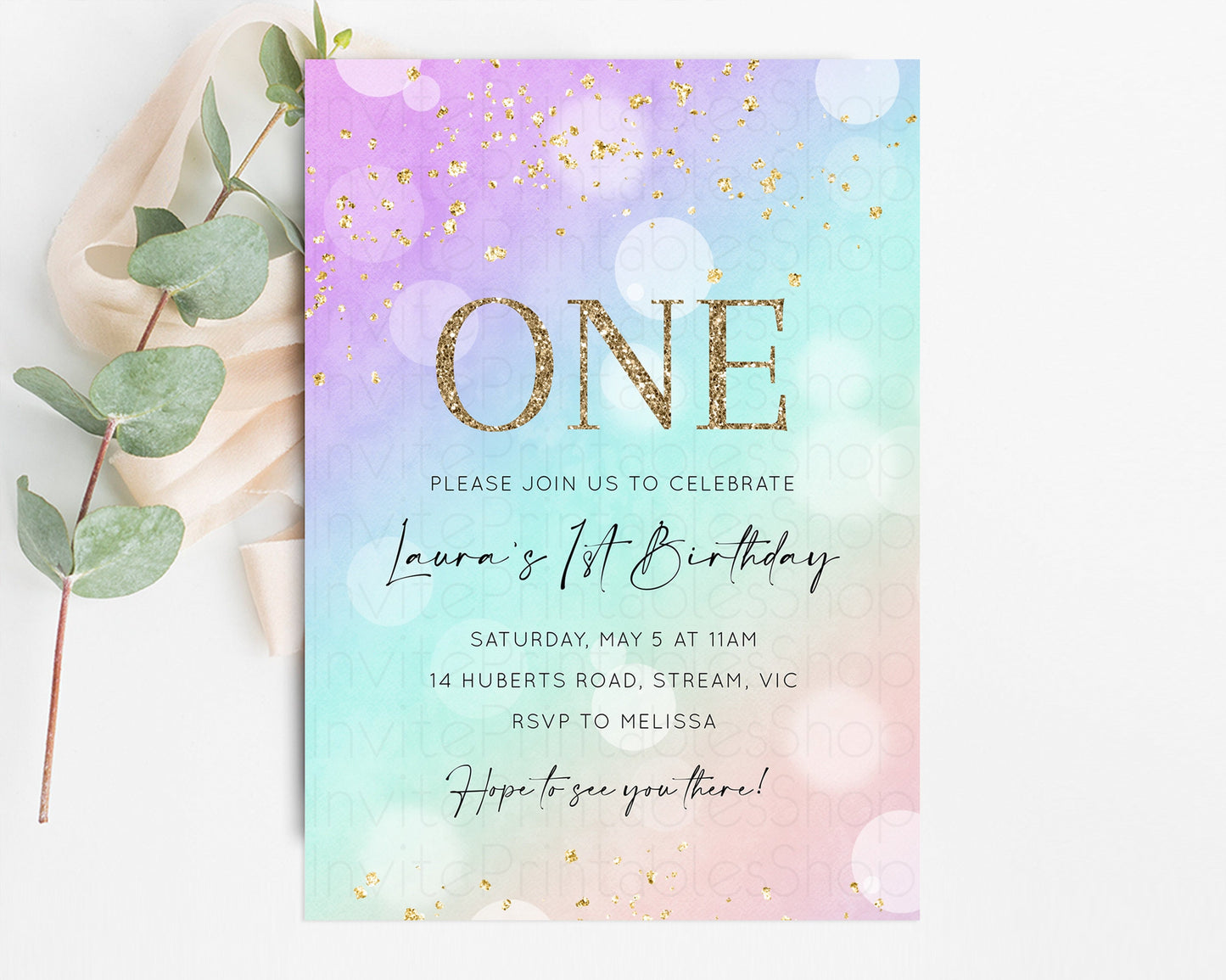 Rainbow Birthday Invitation Pastel Birthday Invite Ombre Watercolor Invite Enchanted Theme Colorful Splash Glitter Sprinkles 1st 2nd 3rd