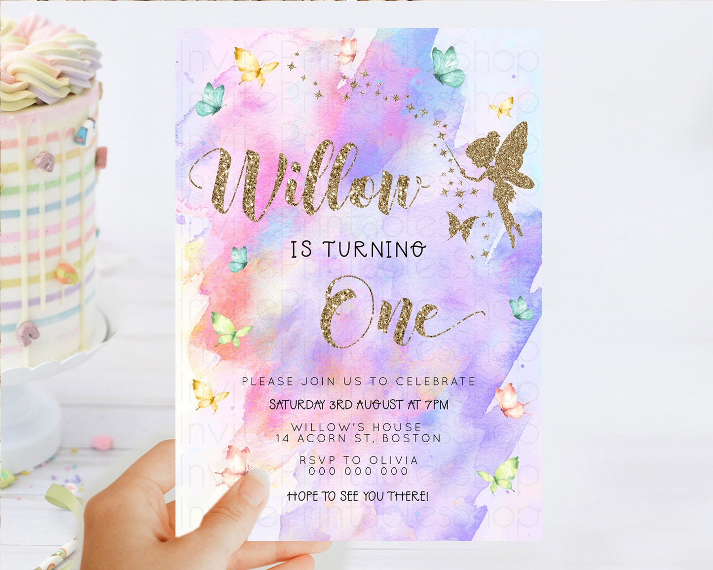 Pastel Fairy Birthday Invitation Pastel Butterflies Fairy Birthday Invitation Rainbow Ombre Watercolor 1st 2nd Birthday Invitation D23341