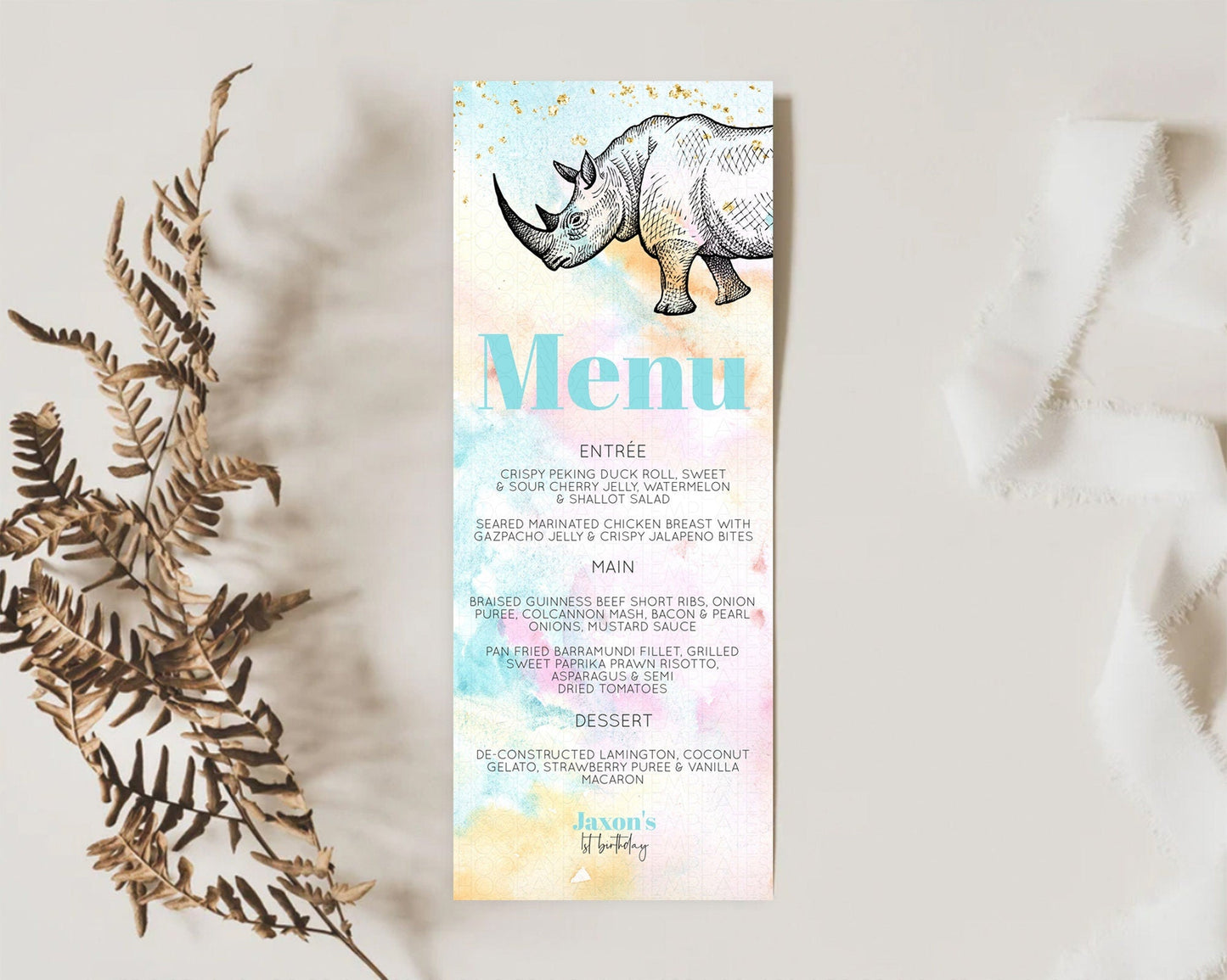 Pastel Rhino Menu Rainbow Rhino Menu Template Colorful Rainbow Safari Table Decor Pastel Dinner Dessert Menu Rhino Food Menu D10287
