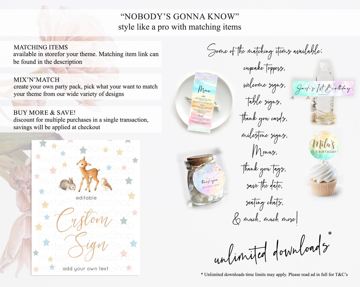 Fawn Deer Sign Pastel Floral Deer Table Sign Decor Enchanted Forest Butterfly Party 1st Birthday Baptism Baby Shower Bridal Shower D10918