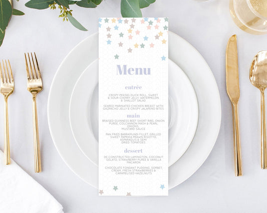 Star Menu Template Pastel Stars Menu Shooting Star Twinkle Little Star Decor Rainbow Colorful Confetti Dinner Dessert Food Menu D10795