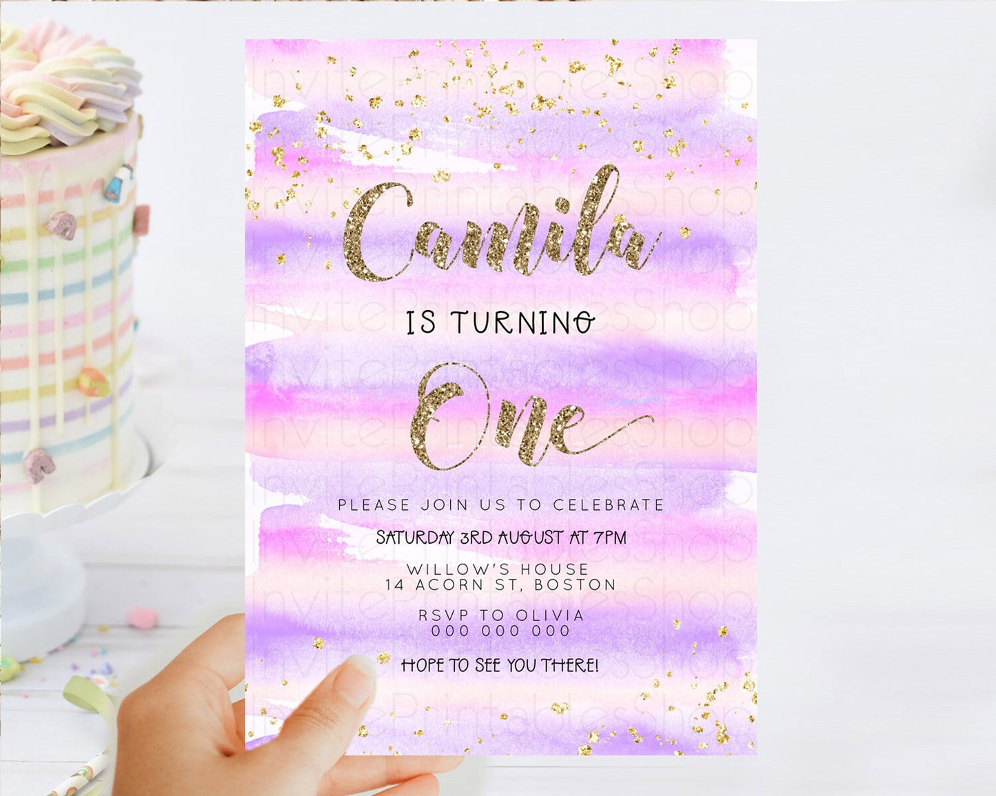 Pink Birthday Invitation pink Watercolor Invitation Pastel pink Watercolor Invitation pink Splash Gold Invitation 1st First Birthday D23266