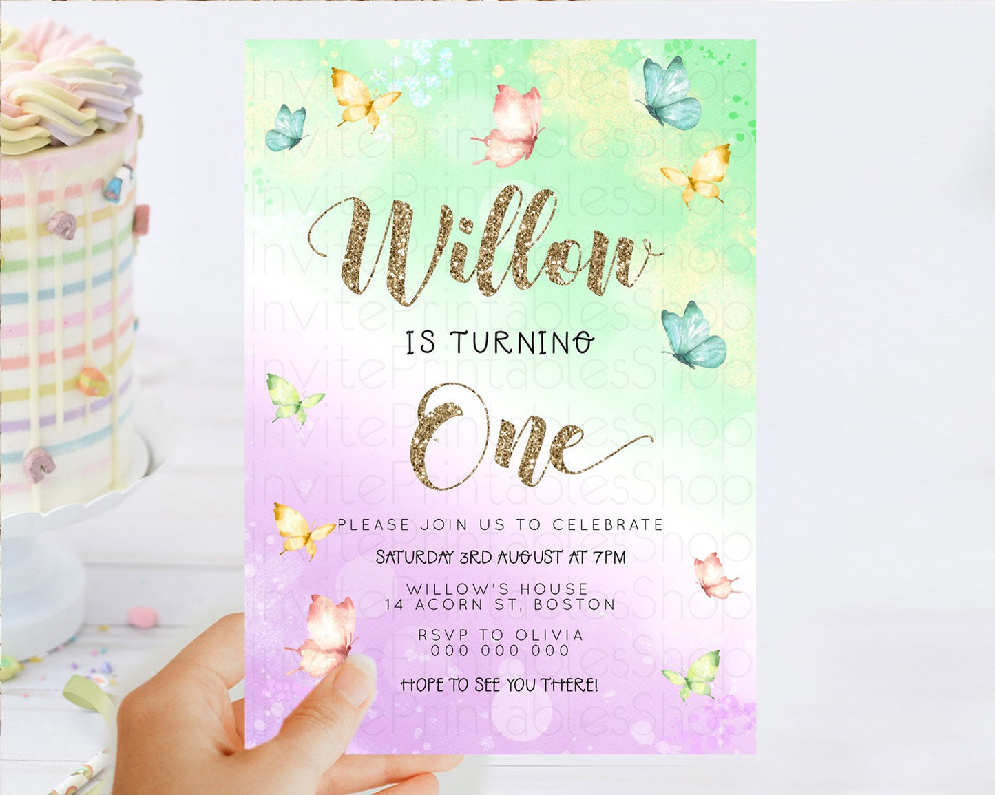 Pastel Butterfly Birthday Invitation Butterfly Birthday Invitation Colorful Splash Glitter Butterfly Garden 1st 2nd Birthday D23085