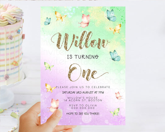 Pastel Butterfly Birthday Invitation Butterfly Birthday Invitation Colorful Splash Glitter Butterfly Garden 1st 2nd Birthday D23085