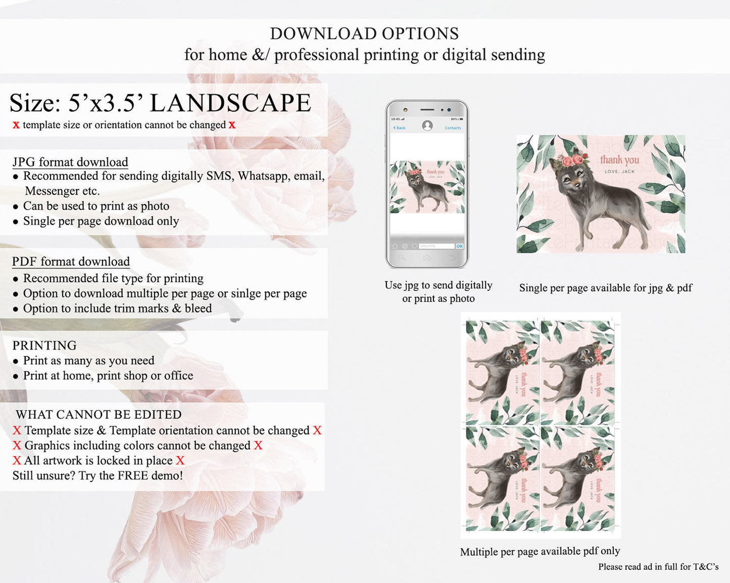 Wolf Thank You Wolf Thank You Card Pastel Floral Wolf Birthday Thank You Card Forest Wolf Party Decor Wolf Birthday Thank You Cards D10535
