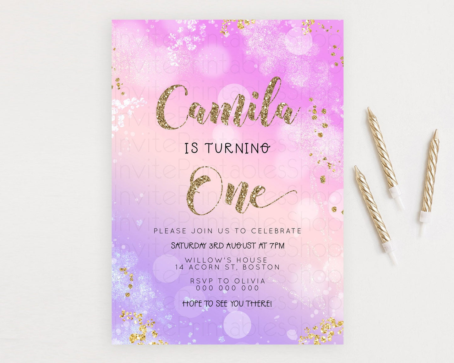 Rainbow Birthday Invitation Colorful Pastel Watercolor Invitation Gold Glitter Sprinkles Ombre Pastel 1st 2nd 3rd Birthday D23128