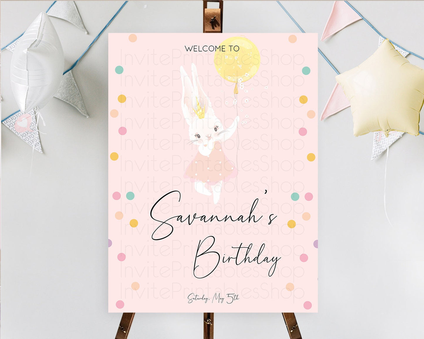 Bunny Welcome Sign Bunny Balloon Welcome Board Colorful Pastel Confetti Bunny Welcome Poster Sprinkles First Birthday Welcome Sign D10219