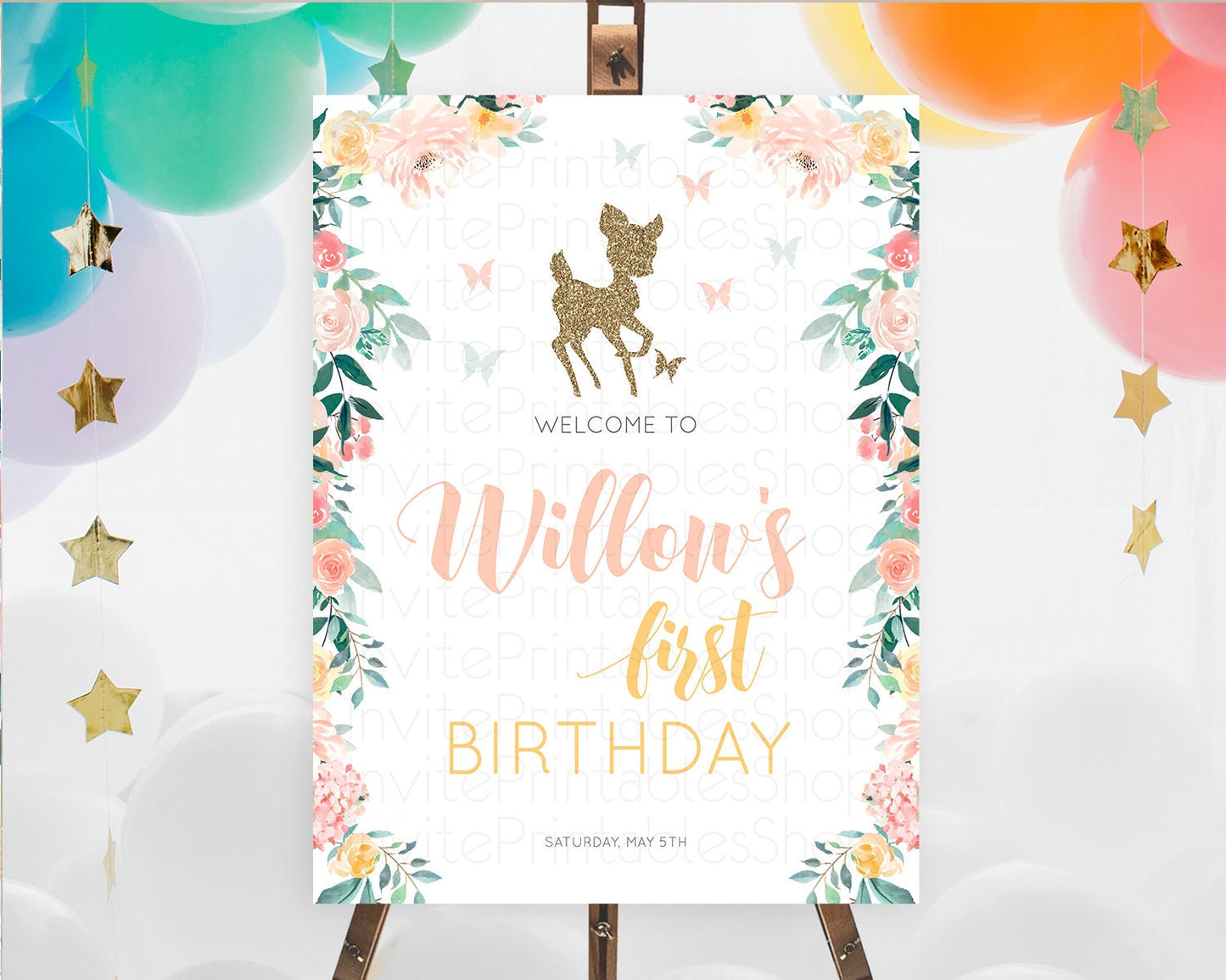 Fawn Welcome Sign Deer Welcome Board Floral Deer Welcome Poster Enchanted Forest Butterfly Pastel Floral First Birthday Welcome Sign D10874