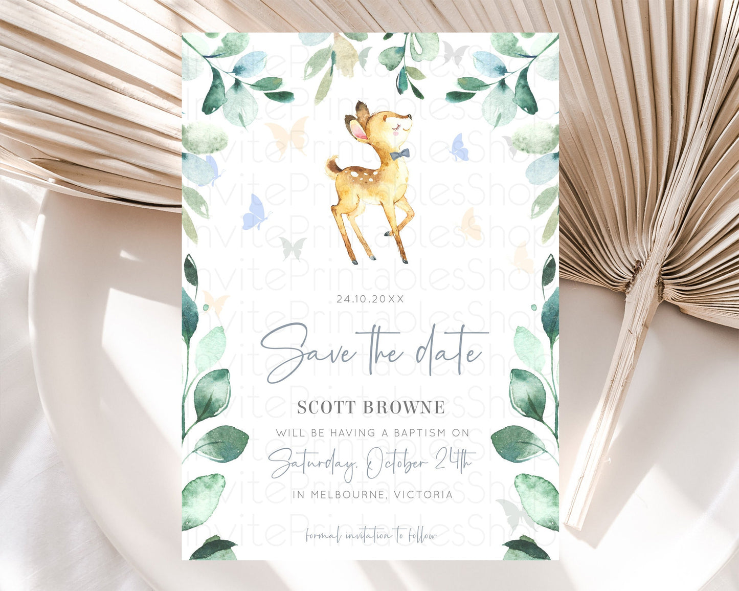 Fawn Deer Save The Date Template Pastel Floral Deer Enchanted Forest Butterfly Party 1st Birthday Baptism Baby Shower Bridal Shower D10767