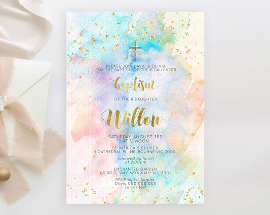 Editable Pastel Baptism Invitation Pastel Colors Watercolor Baptism 1st Birt