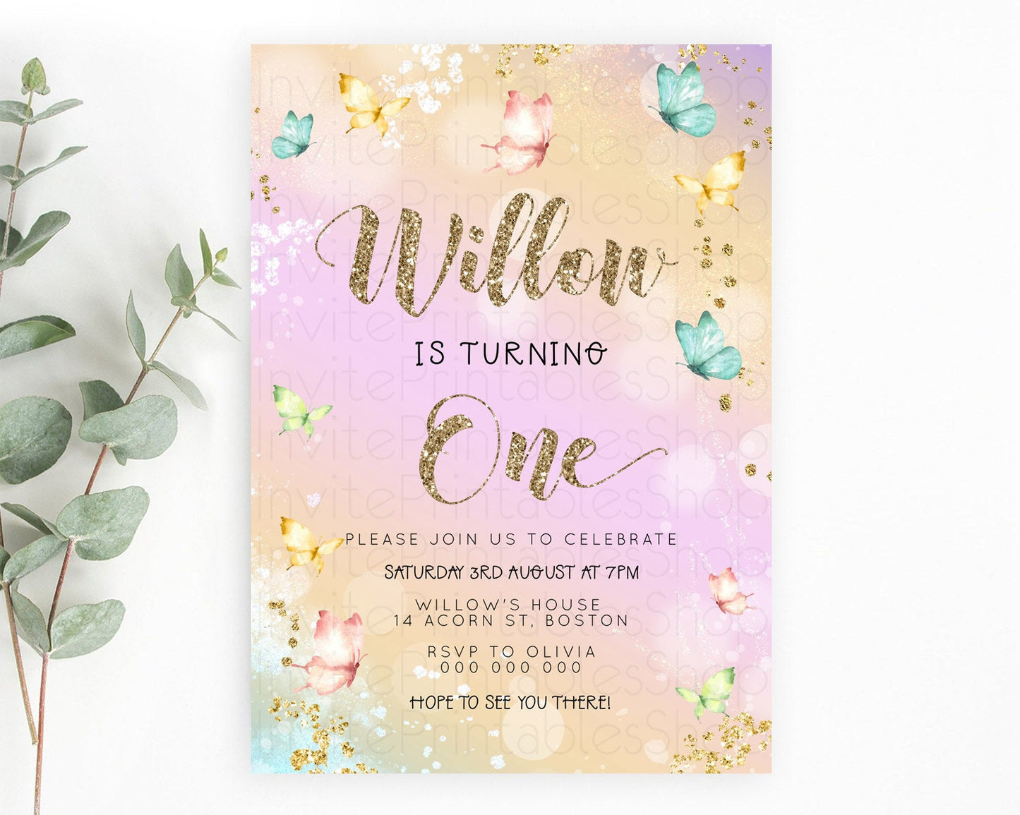 Pastel Butterfly Birthday Invitation Butterfly Birthday Invitation Colorful Splash Glitter Butterfly Garden 1st 2nd Birthday D23086