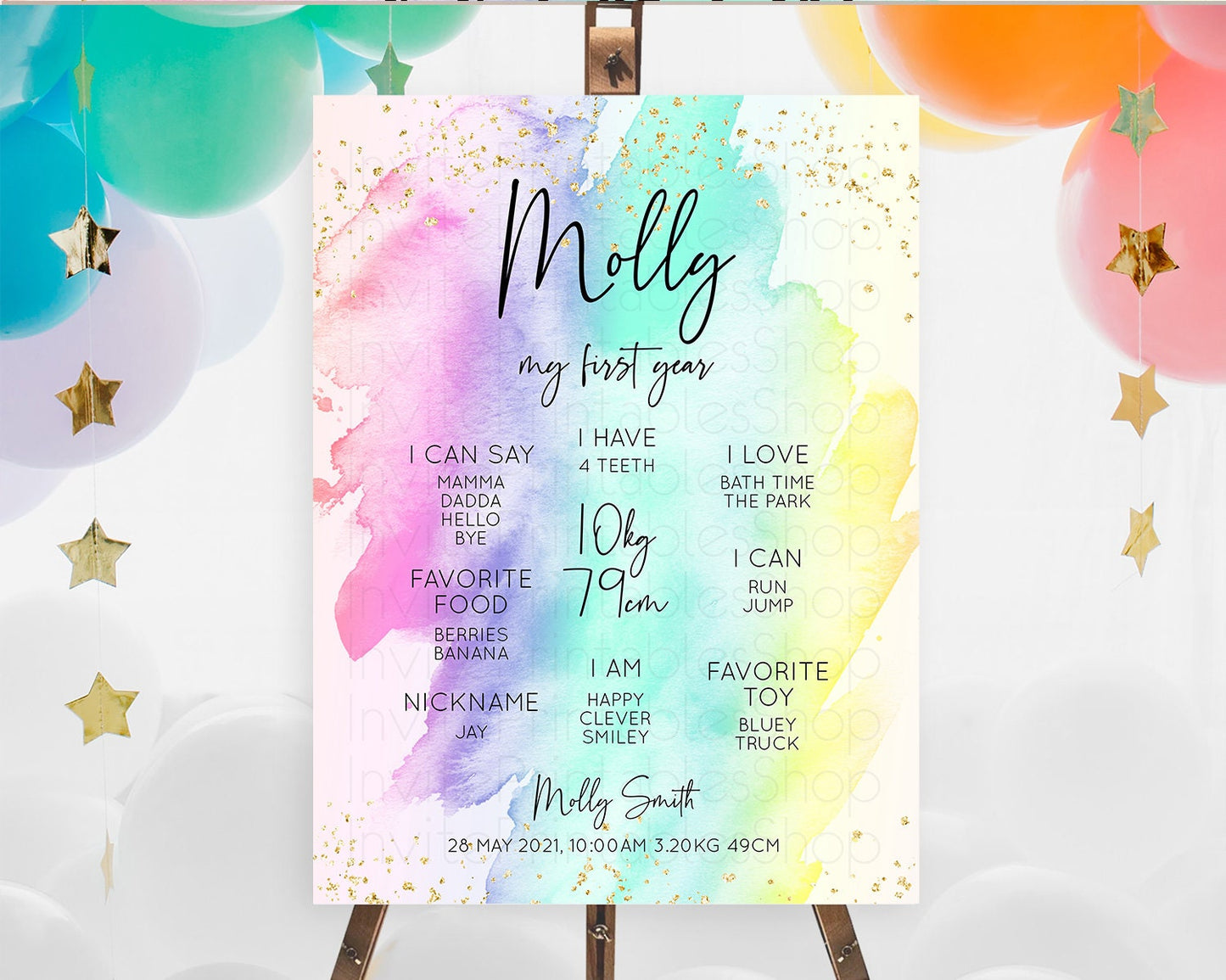 Pastel First Birthday Milestone Board Pastel Rainbow Milestone Poster Colorful Confetti Watercolor Glitter 1st Birthday Welcome Sign D10231