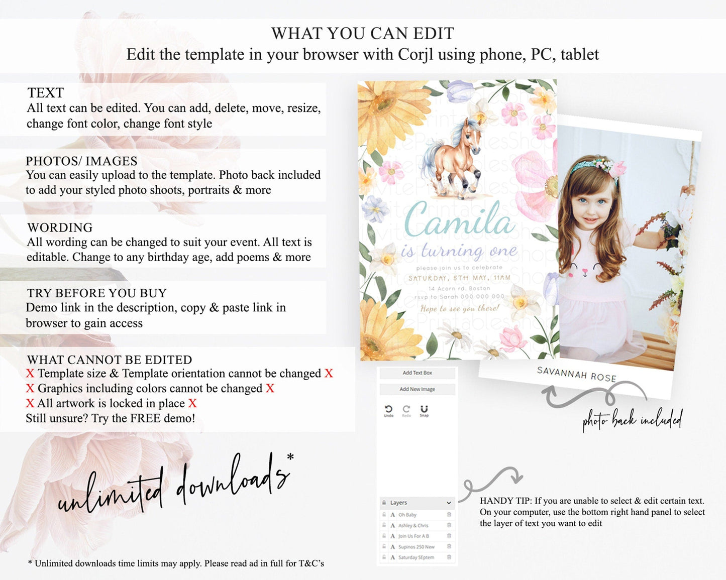 Horse Birthday Invitation, Galloping Wildflower Fields, Pastel Flowers, Butterflies, Flowers Accents for Equestrian & Cowgirls d23380