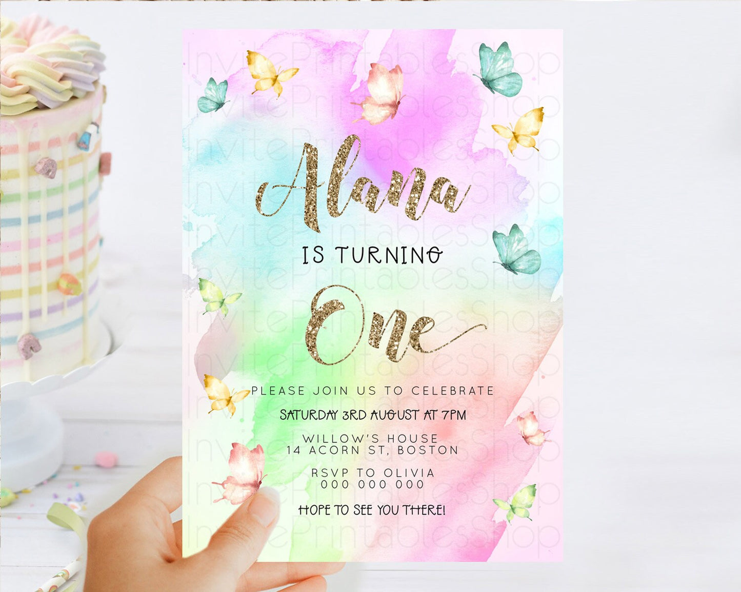 Pastel Butterfly Birthday Invitation Butterfly Birthday Invitation Colorful Splash Glitter Butterfly Garden 1st 2nd Birthday D23256