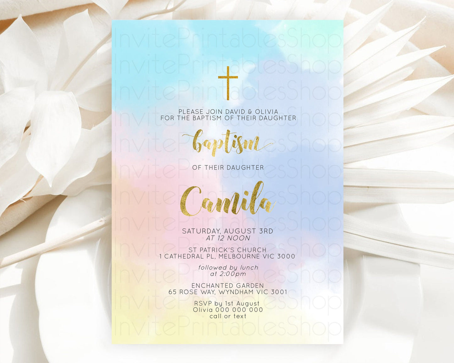 Pastel Baptism Invitation Pastel Colors Watercolor Baptism 1st Birthday Party Gold Ombre Pastel Rainbow Christening Holy Communion D10892