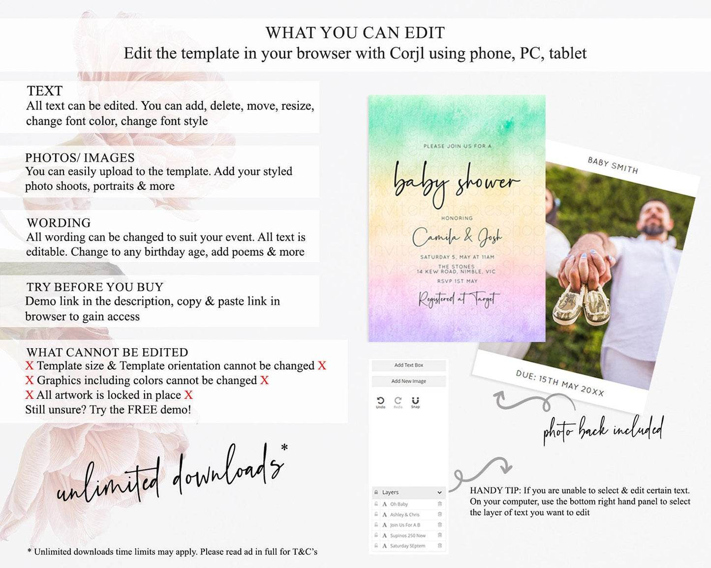 Pastel Baby Shower Invitation Rainbow Baby Shower Invitation Colorful Pastel Watercolor Invitation Gold Glitter Sprinkles Ombre D10481