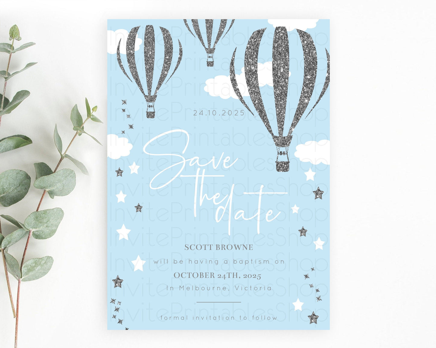 Hot Air Balloon Save The Date Template Adventure Awaits Mr. ONEderful Party 1st Birthday Baptism Baby Shower D10335