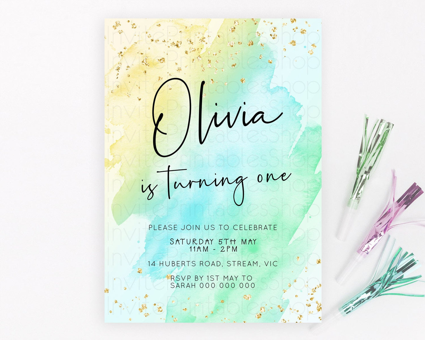 Pastel Birthday Invitation Ombre Watercolor Birthday Invitation Glitter Rainbow Color Splash 1st 2nd 3rd Birthday Invitation D23058