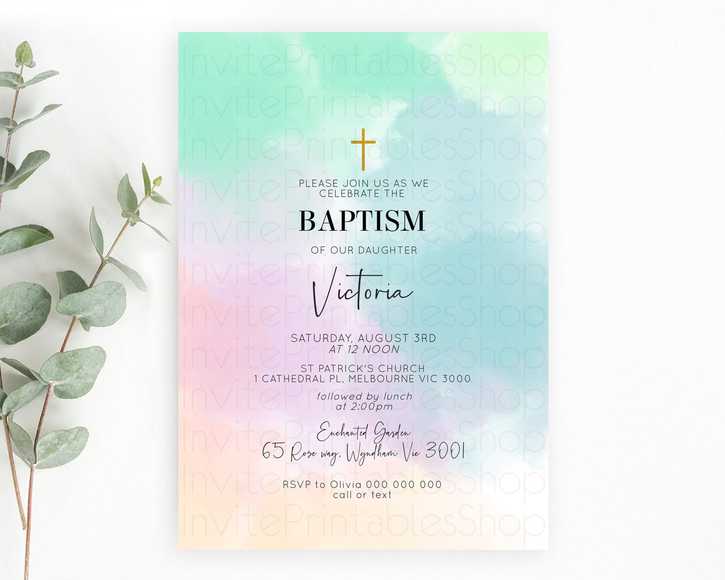 Pastel Baptism Invitation Pastel Colors Watercolor Baptism 1st Birthday Party Gold Ombre Pastel Rainbow Christening Holy Communion D10375