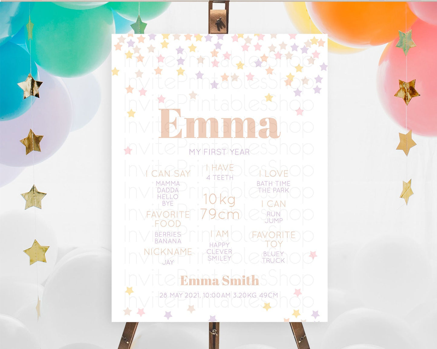 Star First Birthday Milestone Poster Pastel Stars Milestone Shooting Star Rainbow Colorful Confetti Twinkle Little Star 1st Birthday D10810
