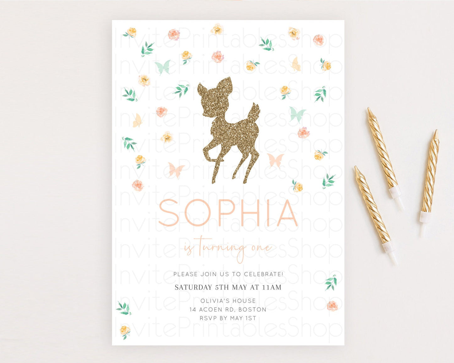 Fawn Birthday Invitation Deer Birthday Invitation Enchanted Forest Party Butterfly Pastel Flowers Whimsical 2nd 1st First Birthday D10355