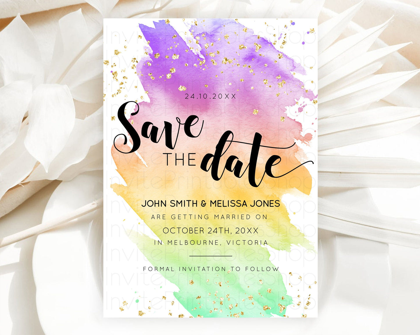 Pastel Save The Date Template Pastel Ombre Rainbow Watercolor Colorful Party For Birthday Baptism Baby Shower Wedding Bridal Shower D10517