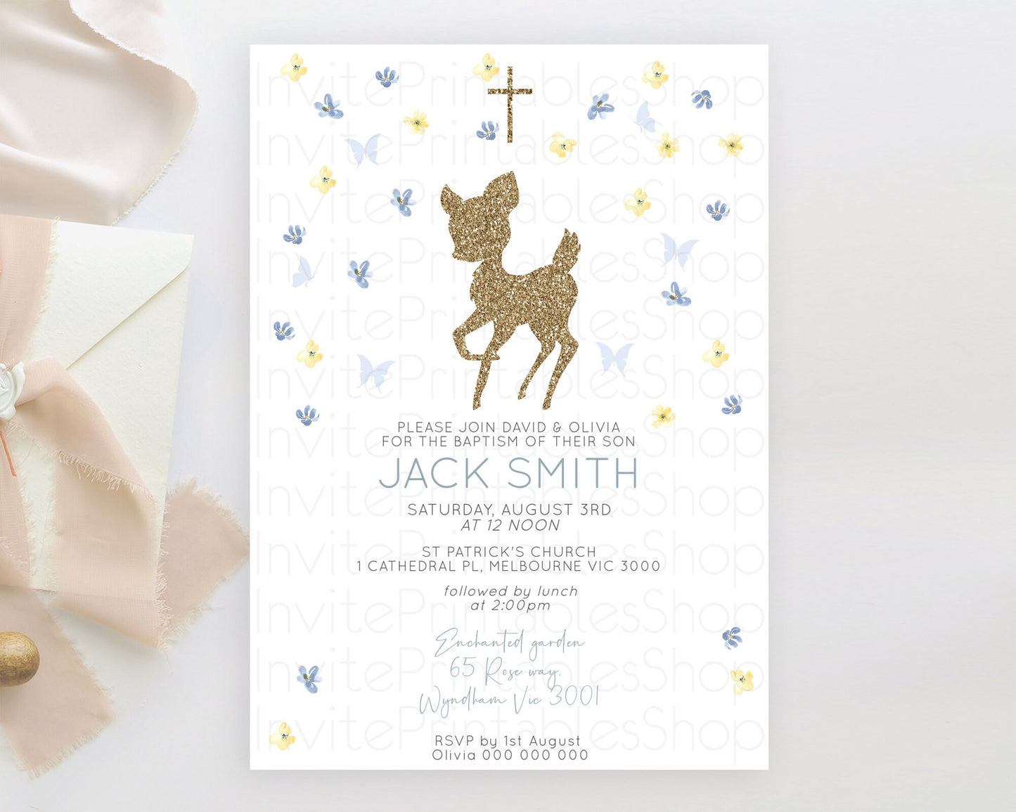 Fawn Baptism Invitation Deer Baptism 1st Birthday Invitation Enchanted Forest Christening Invitation Pastel Garden Butterfly Floral D10864