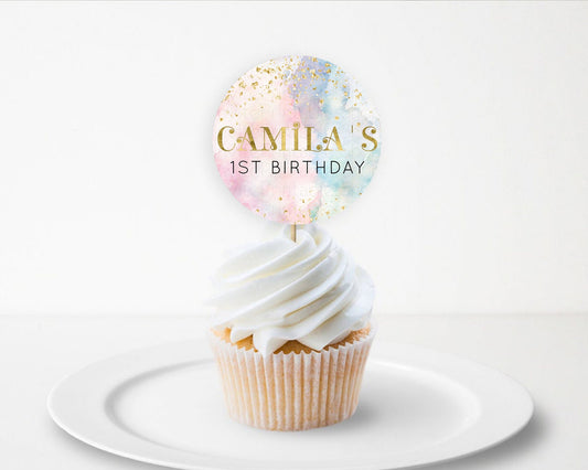 Editable Rainbow Cupcake Toppers Pastel Cupcake Toppers Colorful Pastel Wate