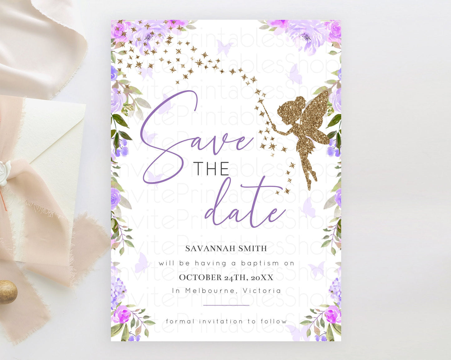 Fairy Save The Date Template Enchanted Garden Pastel Floral Butterfly Party Secret Garden Birthday Baptism Baby Shower Bridal Shower D10910